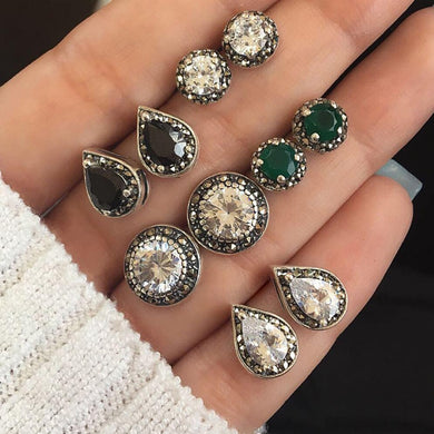 5 Pairs/Pack Vintage Women Zircon Boho Earring Sets Water Drop Inlaid Stud Earring