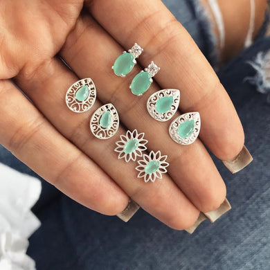 6 Pairs/pack Vintage Boho Green Hollow Stud Earring Crystal Zircon Earring Sets Water Drop