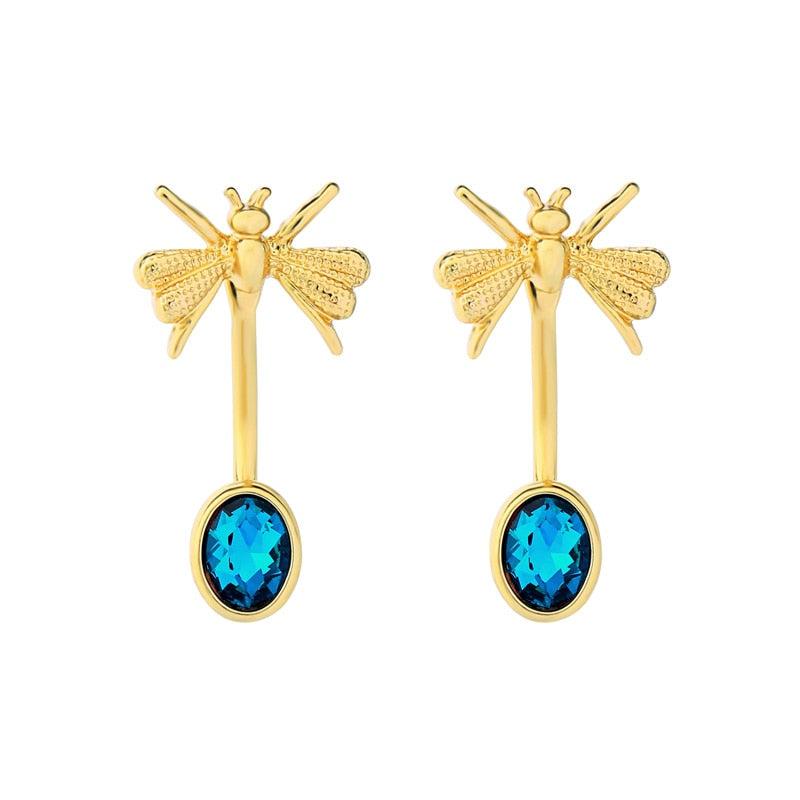 Cute Blue Glass Insect Pendant Necklace Gold Color