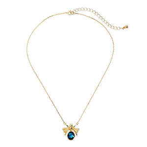 Cute Blue Glass Insect Pendant Necklace Gold Color