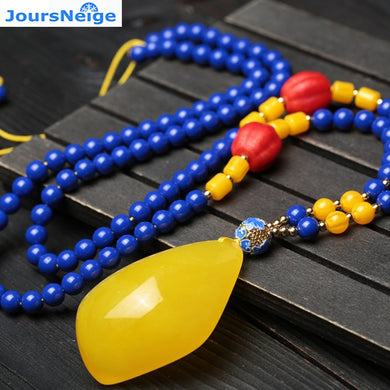 Natural Blue Ore Stone Necklace Yellow Chalcedony Water Drop Pendant Lucky for Women Sweater Chain Jewelry Necklace