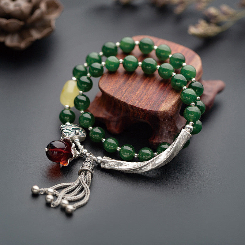 Natural Jasper Bracelet For Women Gifts Ethnic Ancient Style 925 Sterling Silver Multi Layer String Bracelets With Tassel