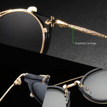 Carica l'immagine nel visualizzatore di Gallery, KDEAM Retro Steampunk Round Clip On Sunglasses Men Women Double Layer Removable Lens Baroque Carved Legs Glasses UV400  With Box