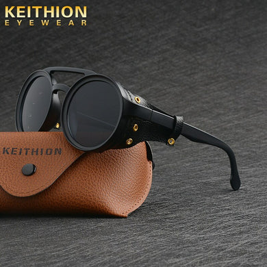 KEITHION Men Steampunk Goggles Sunglasses Women Retro Shades Leather With Side Shields Style Round Sun Glasses UV400