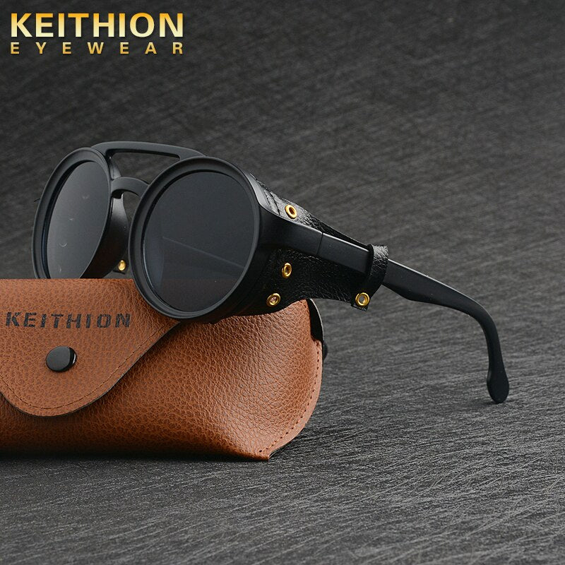 KEITHION Men Steampunk Goggles Sunglasses Women Retro Shades Leather With Side Shields Style Round Sun Glasses UV400