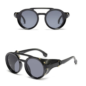 KEITHION Men Steampunk Goggles Sunglasses Women Retro Shades Leather With Side Shields Style Round Sun Glasses UV400