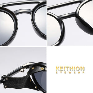 KEITHION Men Steampunk Goggles Sunglasses Women Retro Shades Leather With Side Shields Style Round Sun Glasses UV400
