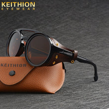 Carica l'immagine nel visualizzatore di Gallery, KEITHION Steampunk Style Round Vintage Sunglasses Retro Eyewear For Men Women With Leather Side Glasses UV400