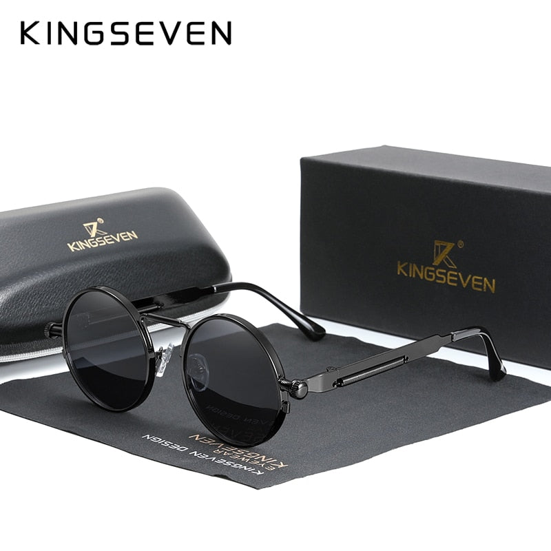 KINGSEVEN  Gothic Steampunk Sunglasses Polarized Men Women Brand Designer Vintage Round Metal Frame Sun Glasses