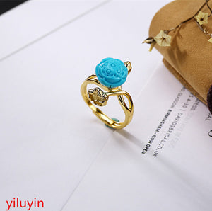 Boutique jewelry S925 sterling silver, gold-plated turquoise, lotus personality, high quality ladies' ring.