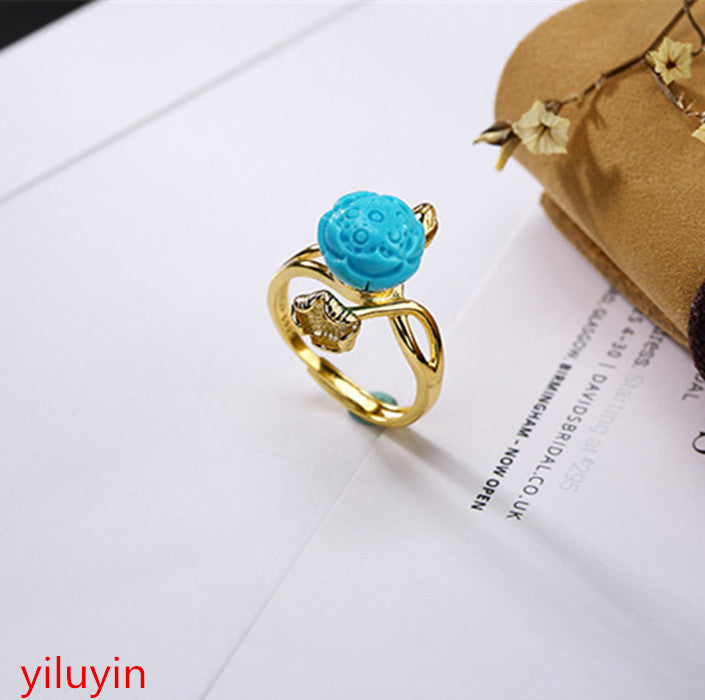 Boutique jewelry S925 sterling silver, gold-plated turquoise, lotus personality, high quality ladies' ring.