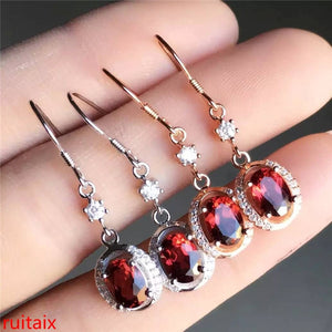 fine jewelry 925 pure silver inlaid with natural long pomegranate stone earrings jewelry