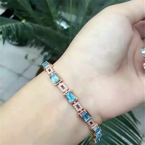 fine jewelry 925 pure silver with natural blue square topaz bracelet jewelry gold color.