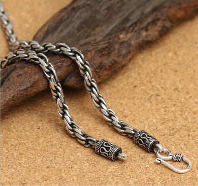 fine jewelry S925 pure silver men's simple and classic vintage Thai silver 4m hemp rope necklace.