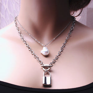 Fashion 2 Layers Pearls Geometric Pendants Necklaces For Women Gold Metal Snake Chain Necklace New Design Jewelry Gift