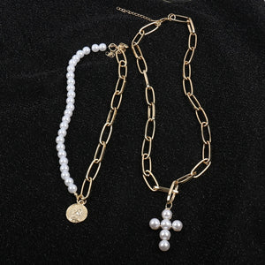 Fashion 2 Layers Pearls Geometric Pendants Necklaces For Women Gold Metal Snake Chain Necklace New Design Jewelry Gift