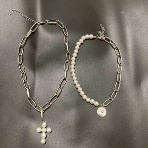 Fashion 2 Layers Pearls Geometric Pendants Necklaces For Women Gold Metal Snake Chain Necklace New Design Jewelry Gift