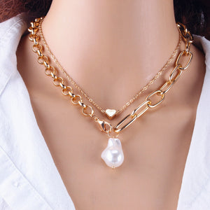 Fashion 2 Layers Pearls Geometric Pendants Necklaces For Women Gold Metal Snake Chain Necklace New Design Jewelry Gift