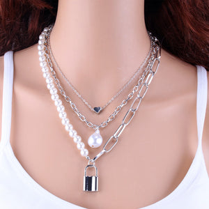 Fashion 2 Layers Pearls Geometric Pendants Necklaces For Women Gold Metal Snake Chain Necklace New Design Jewelry Gift