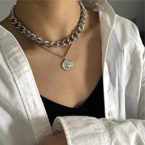 INS Punk Hiphop Cuban Thick Chain Choker Necklace Sets for Women Vintage Carved Coin Portrait Pendant Necklace Jewelry
