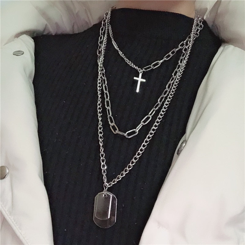 Multilayers Punk Chains Cross Necklace Couple Fashion Street Hip Hop Geometric Metal Pendant Necklaces for Women