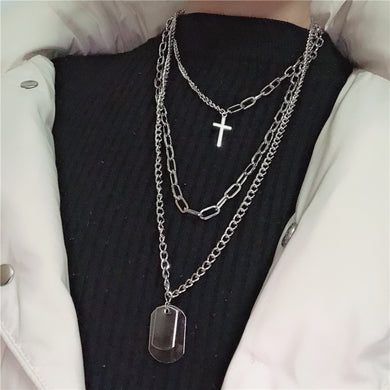 Multilayers Punk Chains Cross Necklace Couple Fashion Street Hip Hop Geometric Metal Pendant Necklaces for Women