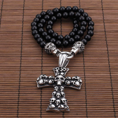 African Glass Beads 50cm Long Chain Necklace For Men Punk Stainless Steel Skull & Cross Pendant Statement Necklace Jewelry