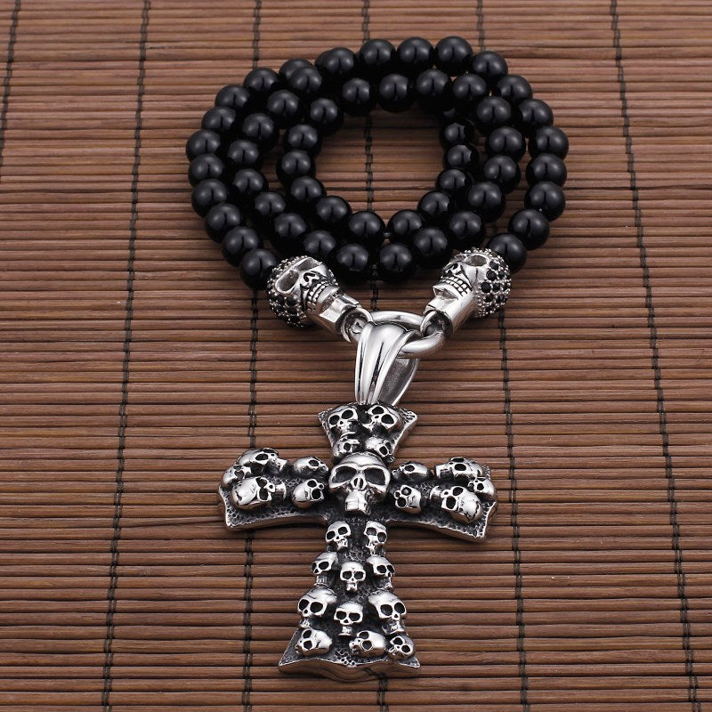 African Glass Beads 50cm Long Chain Necklace For Men Punk Stainless Steel Skull & Cross Pendant Statement Necklace Jewelry