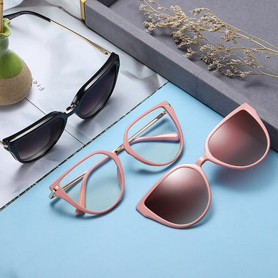 Kanspace 2 In 1 Magnetic Polarized Glasses Women Myopia Optical Cat Eye Eyeglasses Frame Stylish Clip On Sunglasses 95318