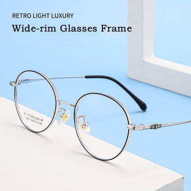 KatKani Men's and Women's Ultra-light Pure Titanium Eyeglasses Frame Wide Side Retro High Myopia/Hyperopia Glasses Frame K19201