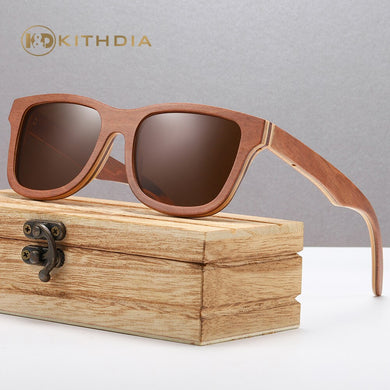 Kithdia Polarized Sunglasses Women Men Layered Brown Skateboard Wooden Frame Square Style Glasses for Ladies Eyewear In Wood Box