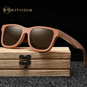 Kithdia Polarized Sunglasses Women Men Layered Brown Skateboard Wooden Frame Square Style Glasses for Ladies Eyewear In Wood Box