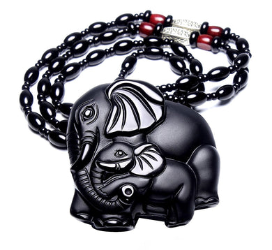 Gioielleria raffinata 100% pura ossidiana naturale intagliata autentica madre elefante elefantino collana con ciondolo amuleto 