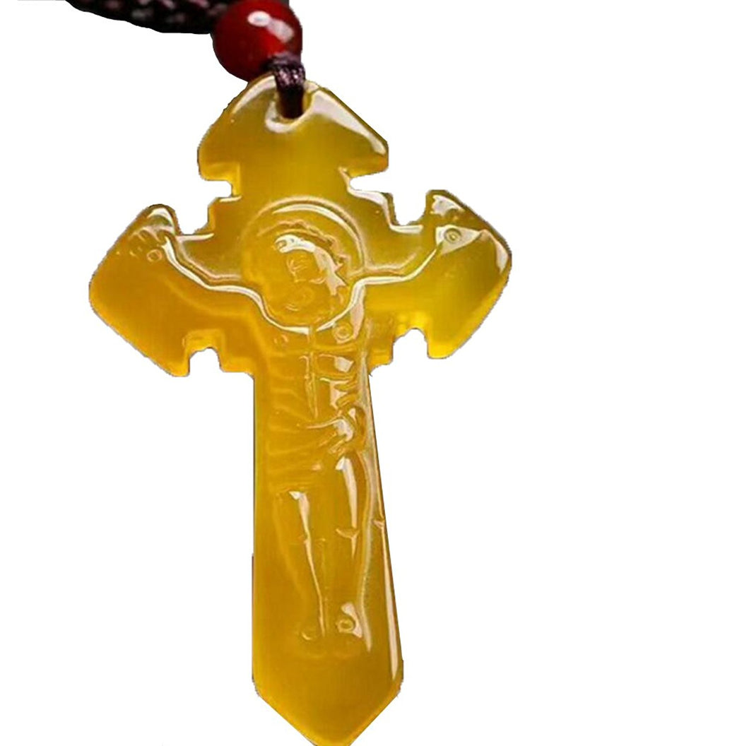 Fine Jewelry Clin-kk Women's Yellow Agate Queen Christian Cross Jesus Pendant Necklace Made of Agate Gemstone