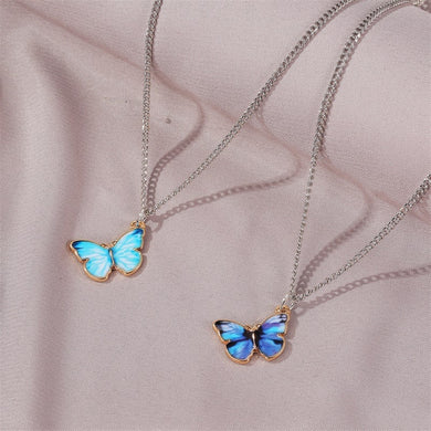 Korean Blue Gradient Butterfly Necklace for Women Girls Silver Color Rainbow Butterflies Pendant Choker Necklaces Jewelry Gift