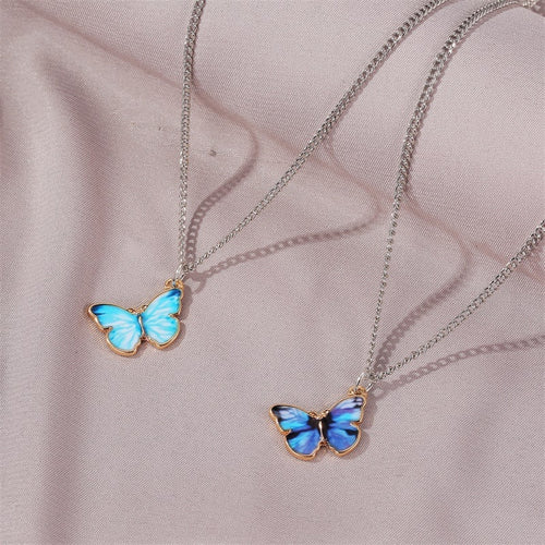 Korean Blue Gradient Butterfly Necklace for Women Girls Silver Color Rainbow Butterflies Pendant Choker Necklaces Jewelry Gift