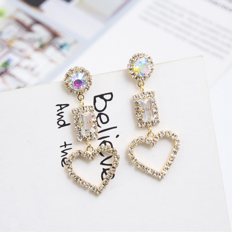 Korean New Square Multicolor Crystal Full Rhinestone Hollow Love Heart Drop Earrings For Women Statement Party Pendientes EC1027