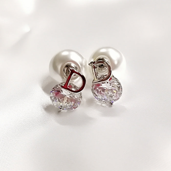 Korean simple D cubic zircon double side pearl earring for women