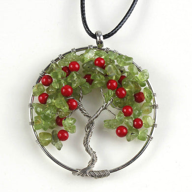 Kraft-beads Silver Plated Cherry Red Beads Pendant Natural Olivine Stone Wire Wrapped Tree of Life Necklace Wedding Decoration