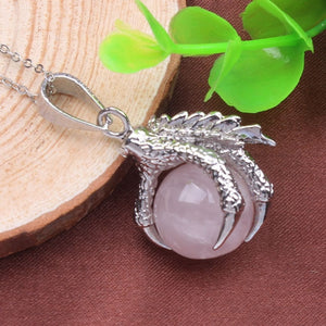 Kraft-beads Silver Plated Natural Rose Pink Quartz Ball Bead Vintage Pendant Dragon Claw Necklace Charm Jewelry