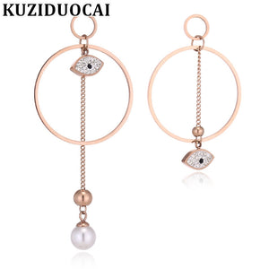 2018 New Fashion Fine Jewelry Titanium Stainless Steel Zircon Circle Pearl Tassel Eyes Stud Earrings For Women E-644