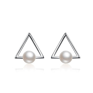 925 Sterling Silver Pearl Triangle Stud Earrings For Women Fashion Lady Sterling-silver-jewelry