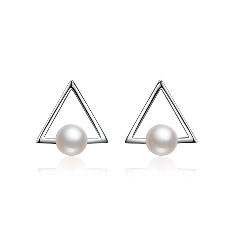 925 Sterling Silver Pearl Triangle Stud Earrings For Women Fashion Lady Sterling-silver-jewelry
