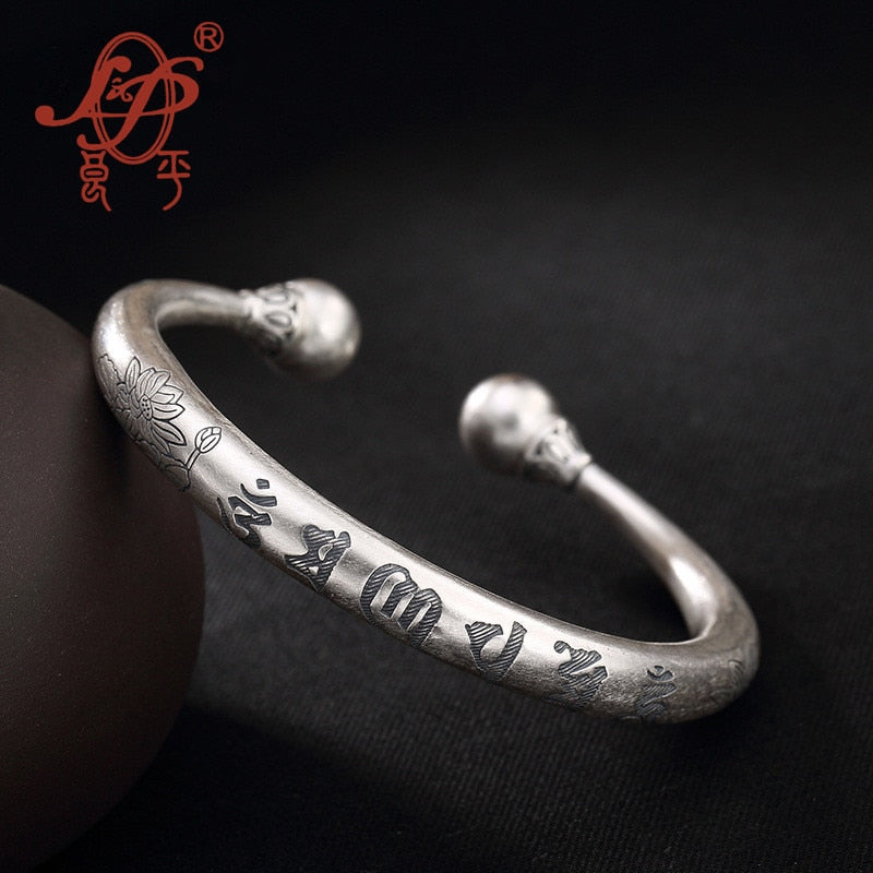 Handmade Vintage Buddhist Scriptures 100% 999 Sterling Silver Bangles&Bracelets For Womenlotus lady bangles Birthd Gift