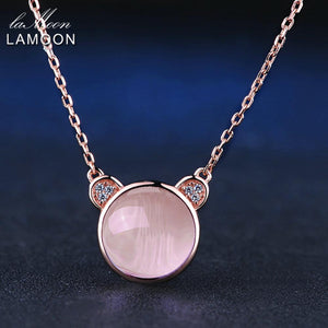 10mm 4.8ct 100% Natural Gemstone Rose Quartz Lovely Bear Chain Necklace 925 Sterling Silver Jewelry LMNI007