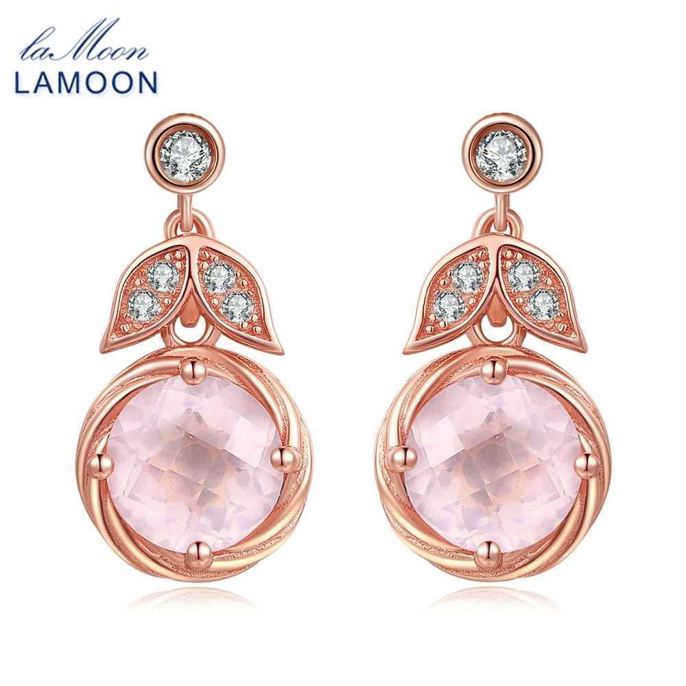 925 Sterling Silver Jewelry Plated Drop Earrings S925 8mm 100% Natural Pink Rose Quartz LMEI008