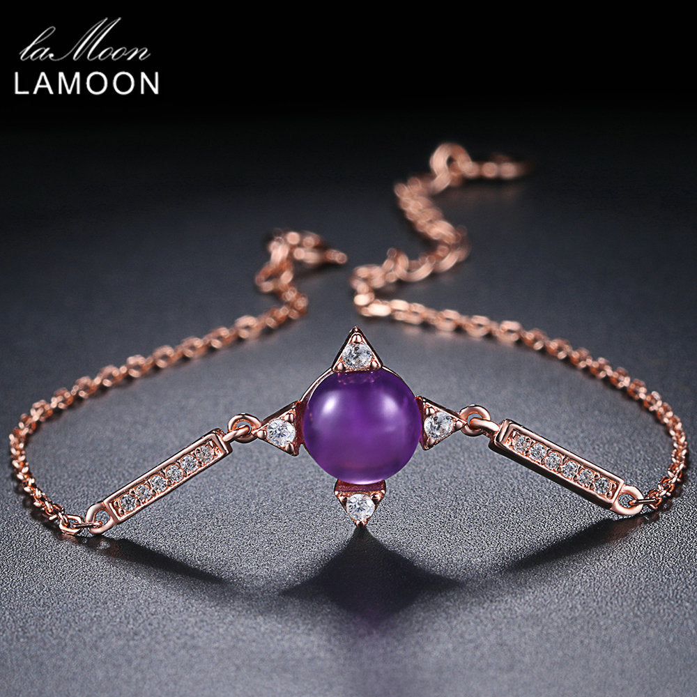Charm Bracelet 8mm Natural Round Amethyst Cubic Zirconia 925 Sterling Silver Rose Gold Plated S925 Fine Jewelry LMHI009