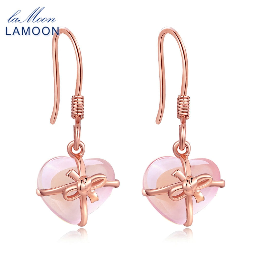 Fine Jewelry Romantic Heart Pink Rose Quartz Dangle Earrings 925 Sterling Silver Drop Earring For Women Love Gift EI012