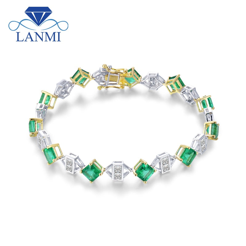 Luxury Design Promised Jewelry Solid 18K Two Tone Gold Princess Genuine Emerald Diamond Bracelet for Women Loving Gift
