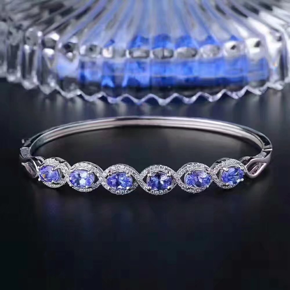 925 Sterling Silver blue tanzanite Bangles trendy natural jewelry simple style open Bangles fine wholesale sz0406agts